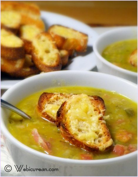 Split Pea Soup with Gouda Crostini