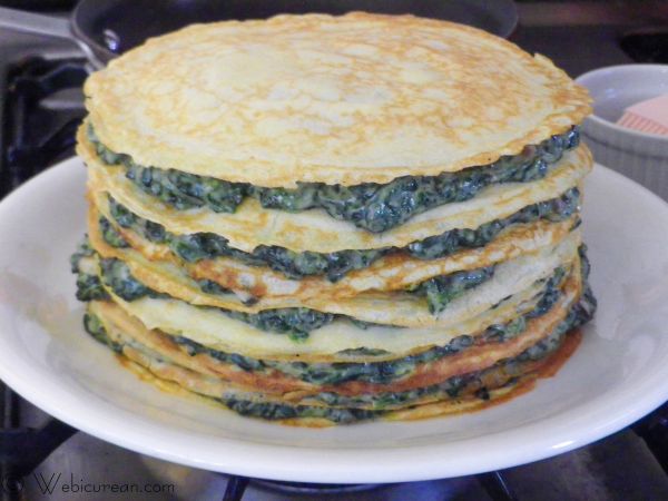 Savory Spinach Filled Crepe Cake with Cheddar Sauce