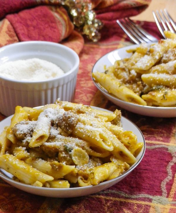 Penne with Spicy Pumpkin and Sausage Sauce #SundaySupper | Webicurean 